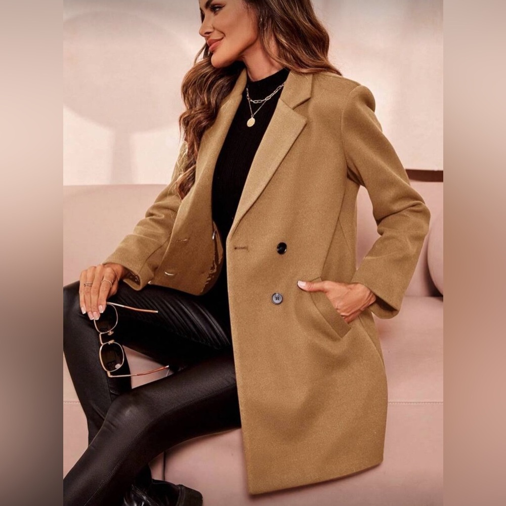 SHEIN Double Breasted Woolen Coat - Khaki Brown